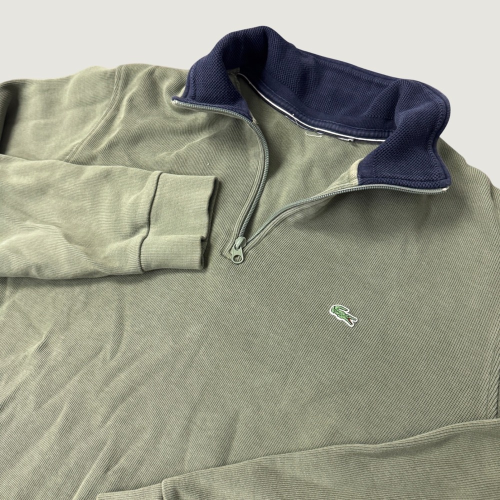 Lacoste Mens Quarter Zip Pullover Sage Green Ribbed Cotton Sweatshirt XL